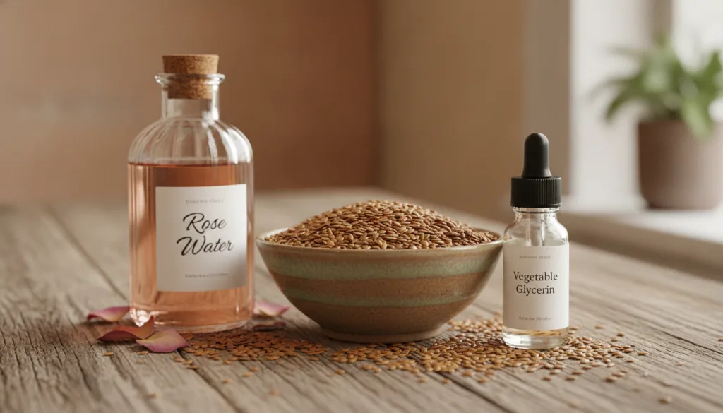 Ingredients laid out for a DIY flaxseed gel whole flaxseeds in a small bowl a bottle of rose water and a small bottle of