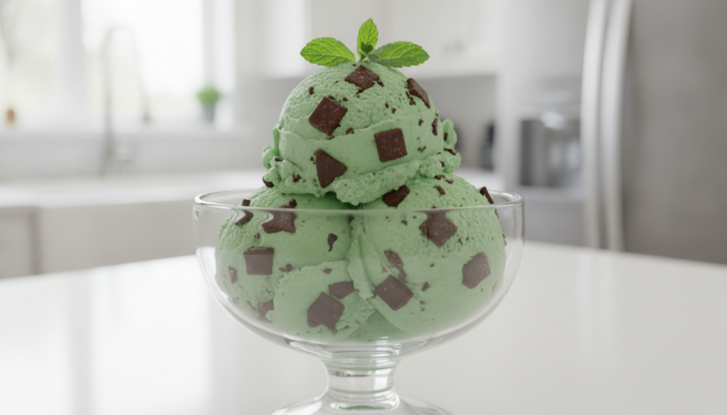 A vibrant green scoop of mint chocolate chip ice cream with visible dark chocolate chunks in a dessert bowl with a sprig