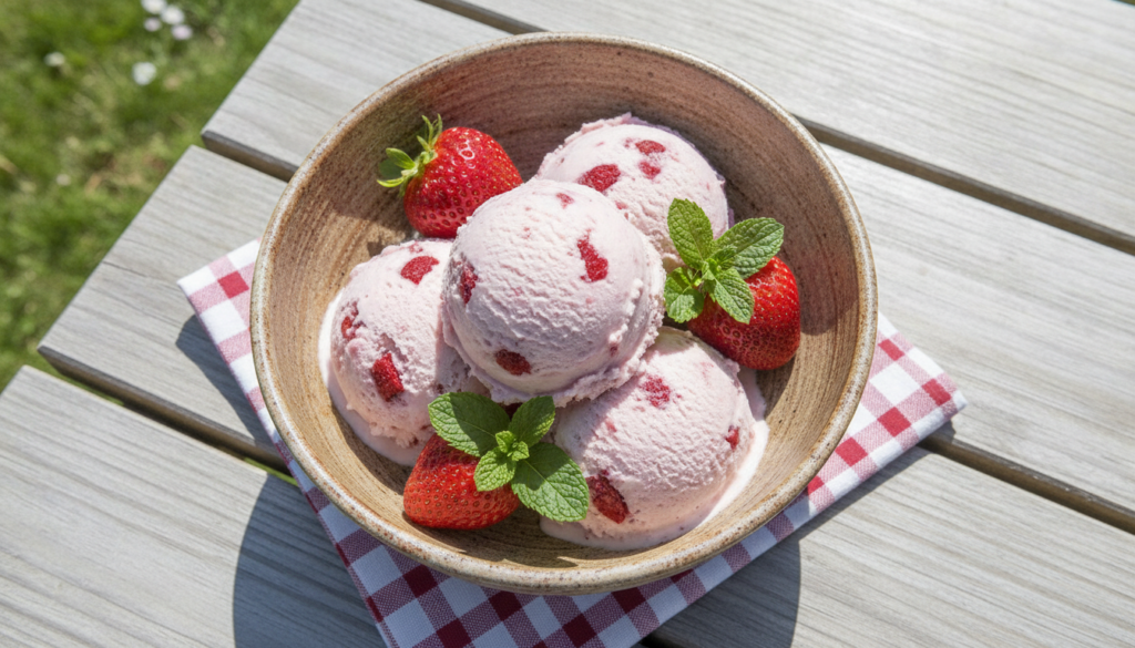 Light pink strawberry ice cream scoops in a rustic bowl garnished with fresh whole strawberries and mint leaves