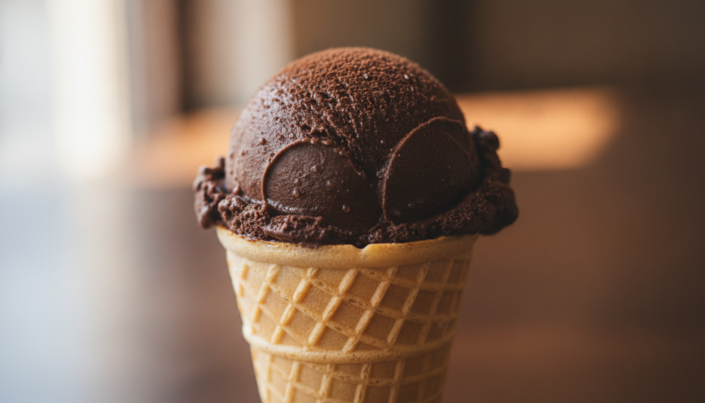 Rich dark chocolate ice cream scooped into a waffle cone with a dusting of cocoa powder
