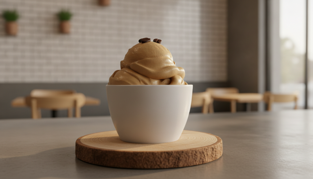 Dark beige coffee ice cream elegantly scooped into a white ceramic cup garnished with a few whole coffee beans