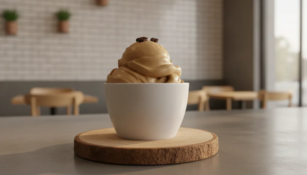 Dark beige coffee ice cream elegantly scooped into a white ceramic cup garnished with a few whole coffee beans