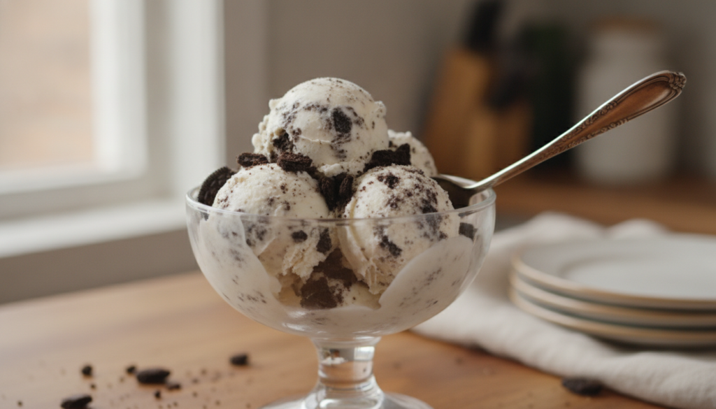 Creamy white ice cream swirled with crushed dark chocolate sandwich cookies served in a glass bowl with a spoon