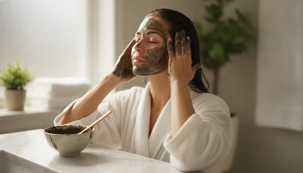 A woman gently applying a dark herbal hair mask to her hair and scalp with a small bowl of the mask next to her in a bri