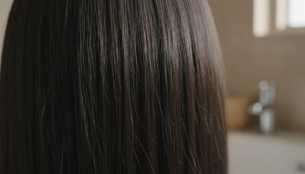 A close-up of healthy shiny dark hair after a natural hair treatment showing vibrant strands in soft natural light