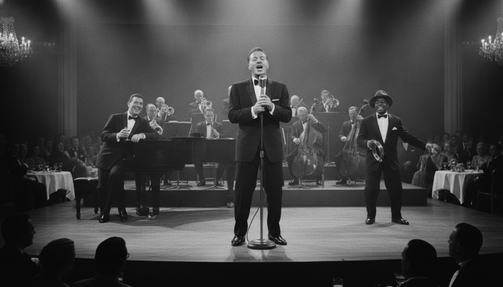 A dynamic photo of Frank Sinatra performing or as part of the Rat Pack