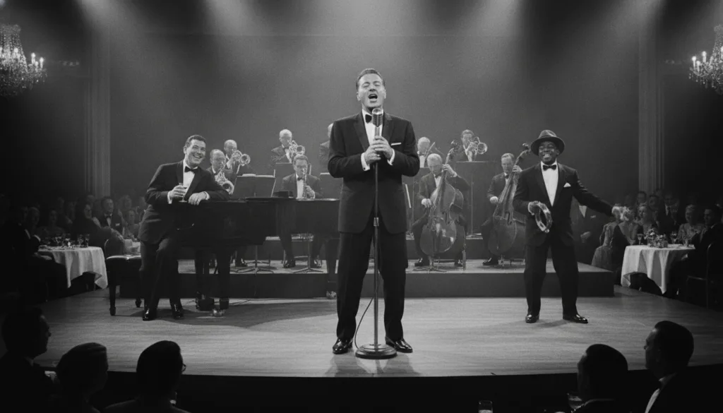 A dynamic photo of Frank Sinatra performing or as part of the Rat Pack