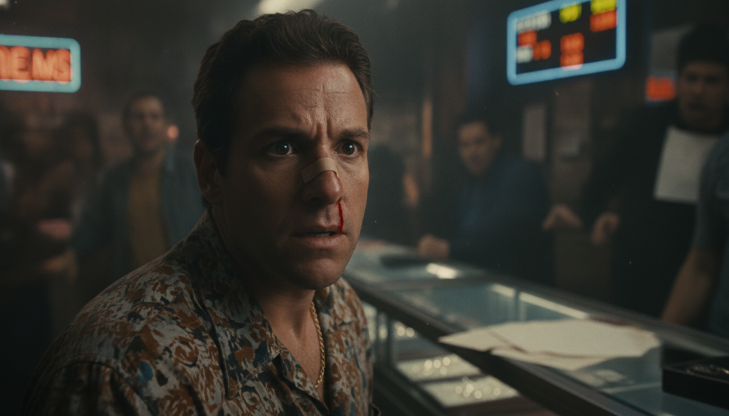 Adam Sandler in a serious role from the movie Uncut Gems looking intense and focused
