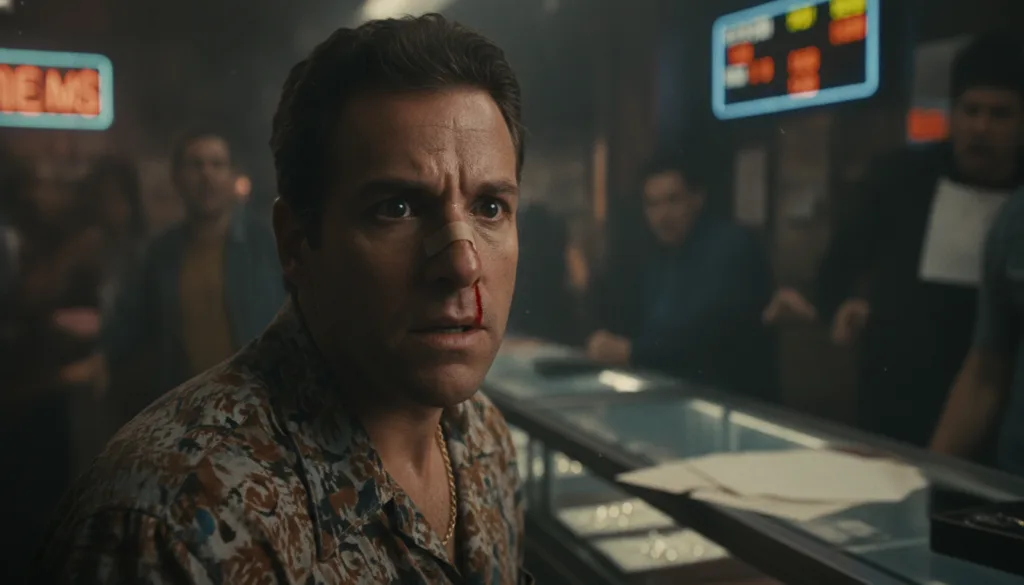 Adam Sandler in a serious role from the movie Uncut Gems looking intense and focused