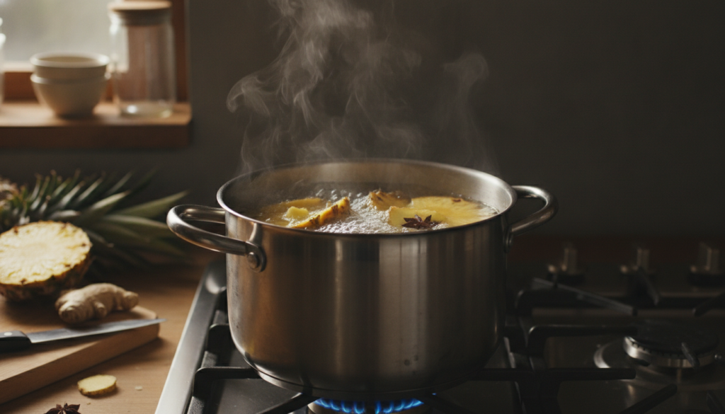 A simmering pot on a stovetop filled with pineapple peels and water steam gently rising