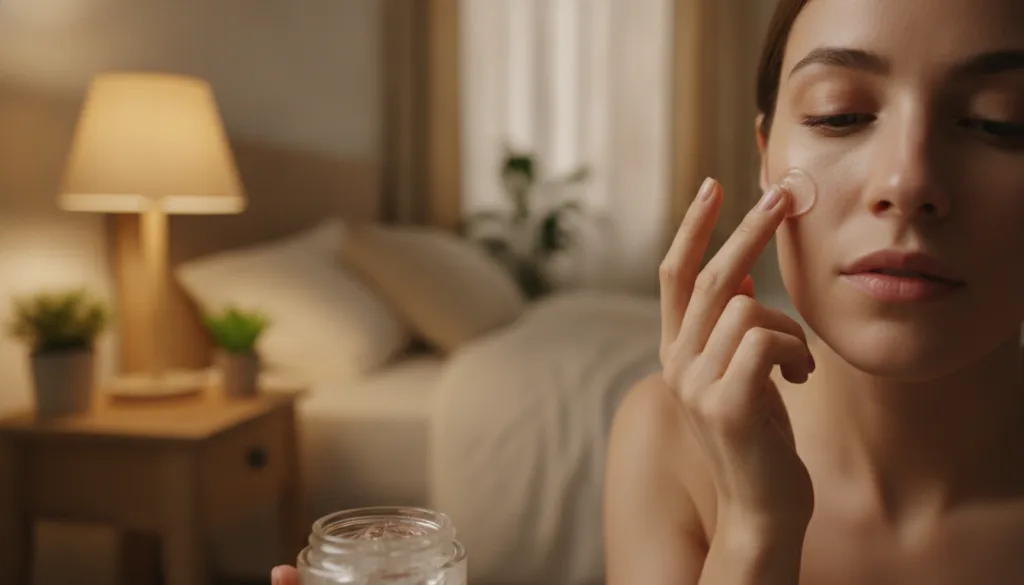 A woman gently applying a small amount of the natural collagen gel to her face at night showing a relaxed clean beauty r