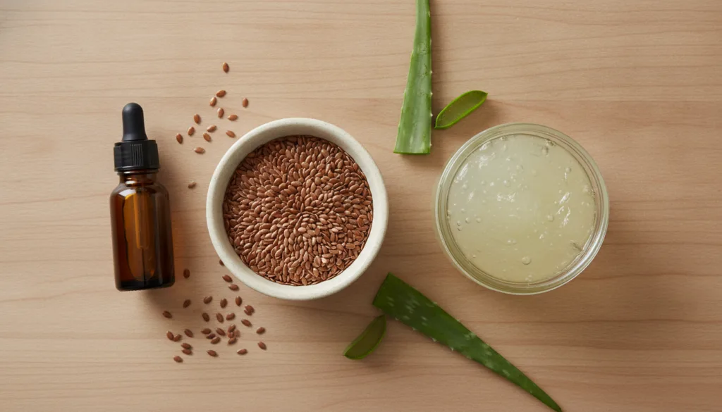 The three main ingredients for the natural collagen gel flax seeds aloe vera gel and a bottle of sweet almond oil neatly