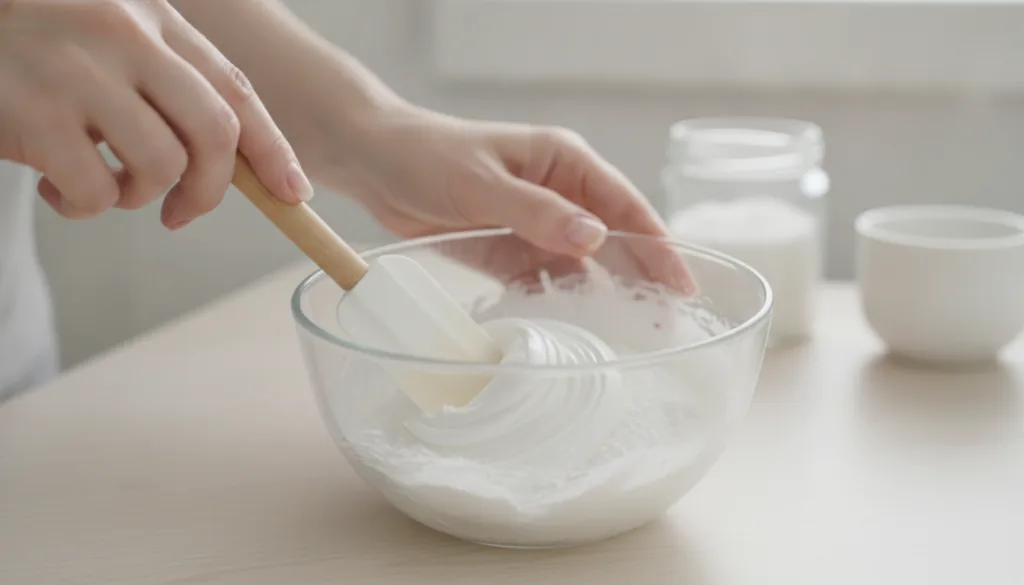 Hands mixing Vaseline and baking soda in a small bowl with a spatula creating a smooth paste