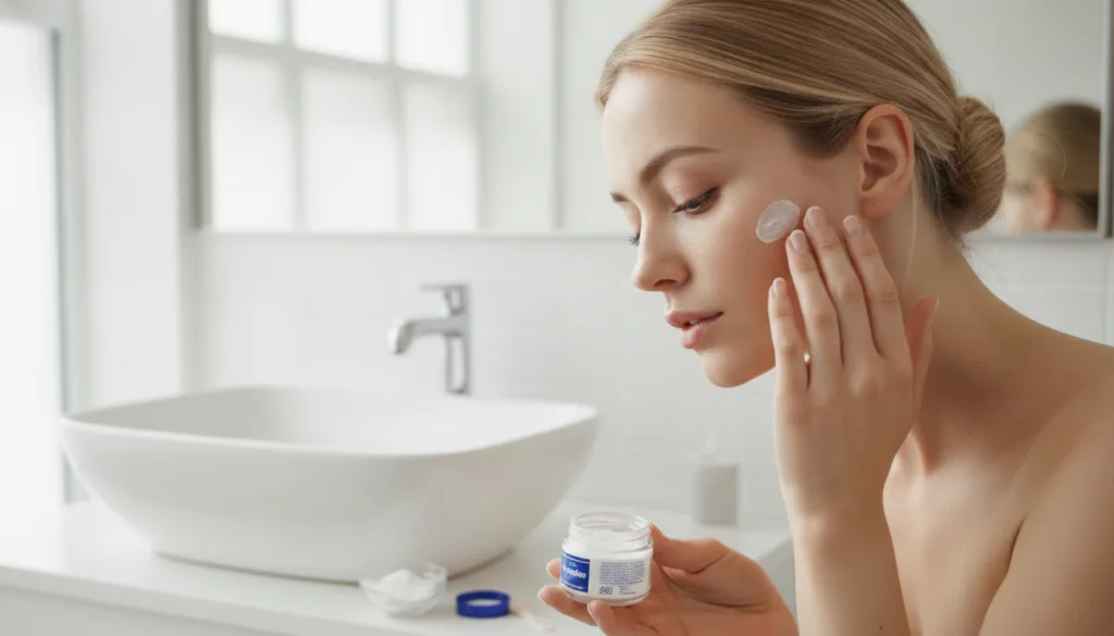 A woman gently applying the Vaseline and baking soda paste to her cheek in a well-lit bathroom with a soft focused expre