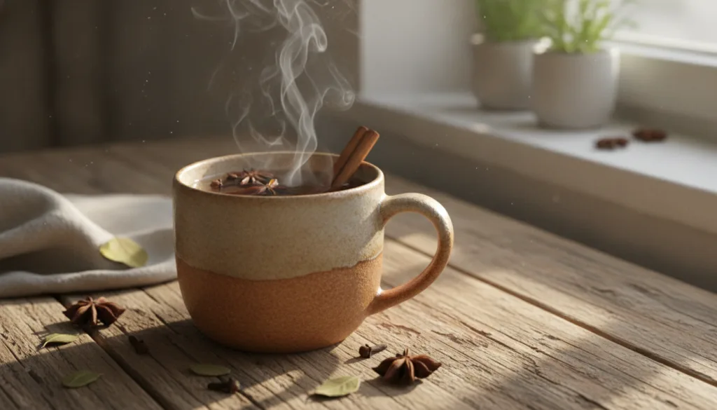 A warm inviting cup of clove tea with whole cloves and cinnamon sticks radiating comfort and natural wellness