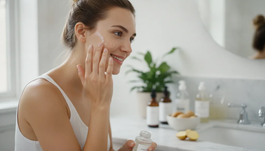 A woman gently applying the translucent potato gel to her clean face with her fingertips smiling softly in a bright bath