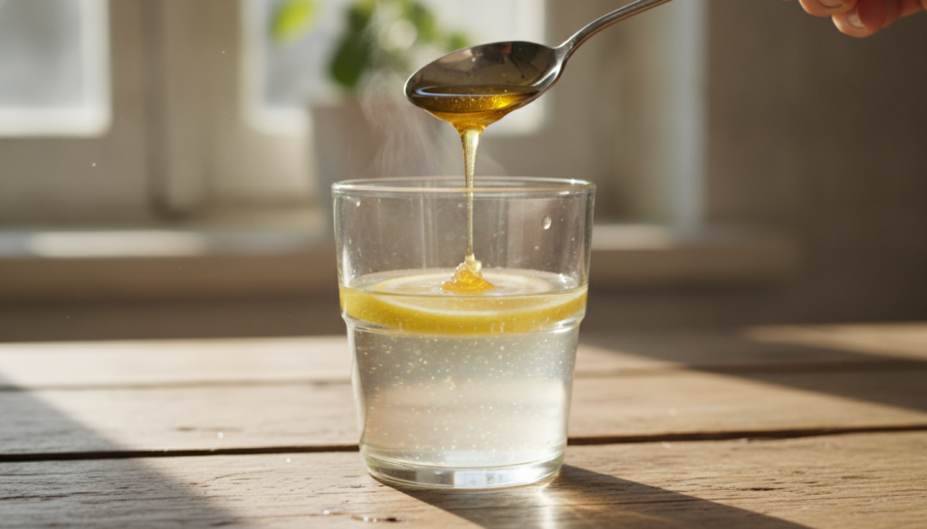 A glass of warm lemon water with sliced lemons and a honey drizzle on a rustic wooden table with a cozy healthy morning 