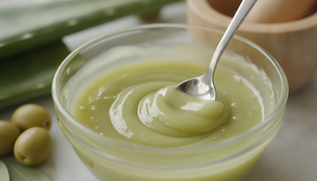 Close-up shot of a small bowl containing a mixture of aloe vera gel and olive oil being stirred with a small spoon to co