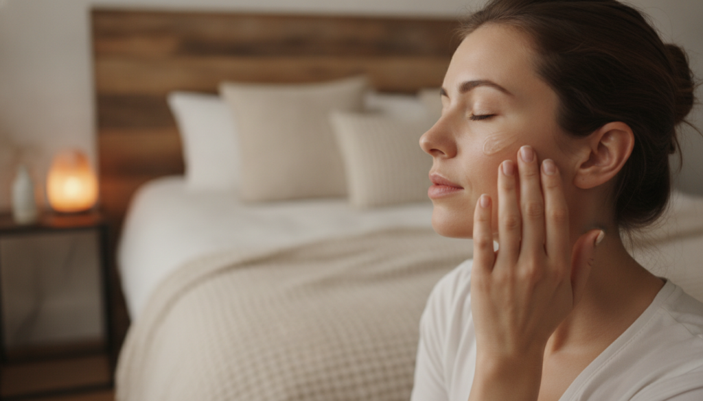 A woman gently applying the aloe vera and olive oil mixture to her face before bed her eyes closed conveying a sense of 