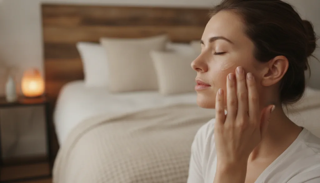 A woman gently applying the aloe vera and olive oil mixture to her face before bed her eyes closed conveying a sense of 