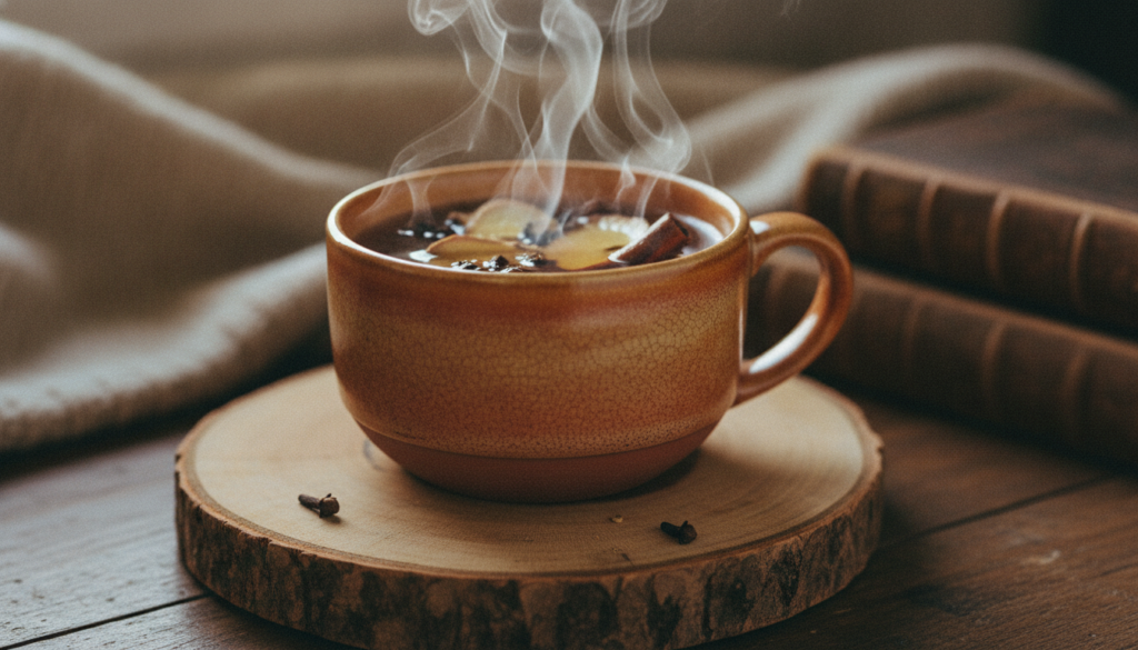 A close-up of a warm comforting mug of ginger and clove tea with steam rising on a cozy wooden surface suggesting relaxa