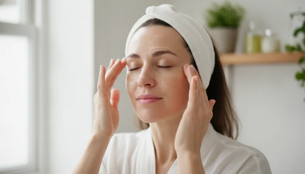A woman gently applying a natural homemade gel mask to her clean face with her fingertips
