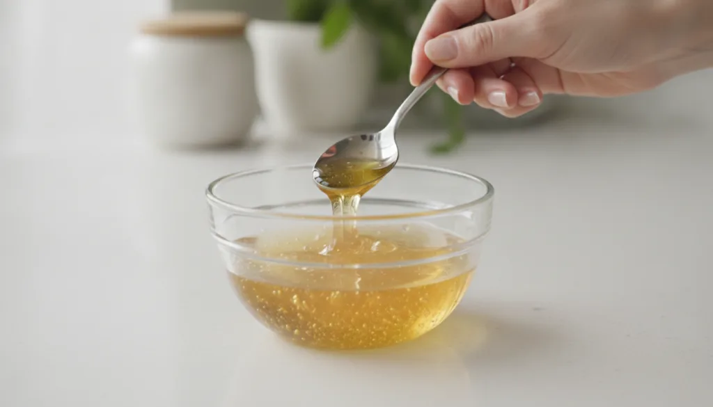 A person s hand stirring raw honey into a bowl of freshly made clear flaxseed gel