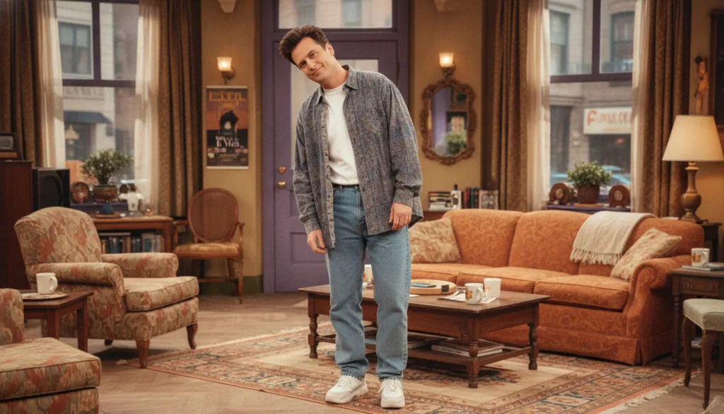 Matthew Perry as Chandler Bing from Friends looking witty and sarcastic in a scene from the TV show