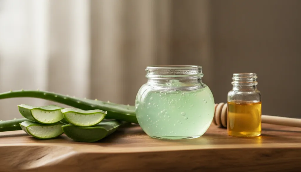 A small elegant glass jar filled with the homemade age-defying gel placed on a natural wooden surface next to a few aloe