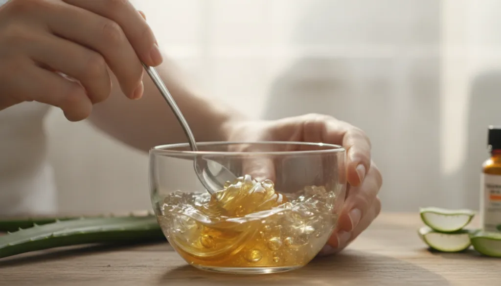 Close-up of hands mixing aloe vera gel honey and vitamin E oil in a small glass bowl with a spoon highlighting the gel t