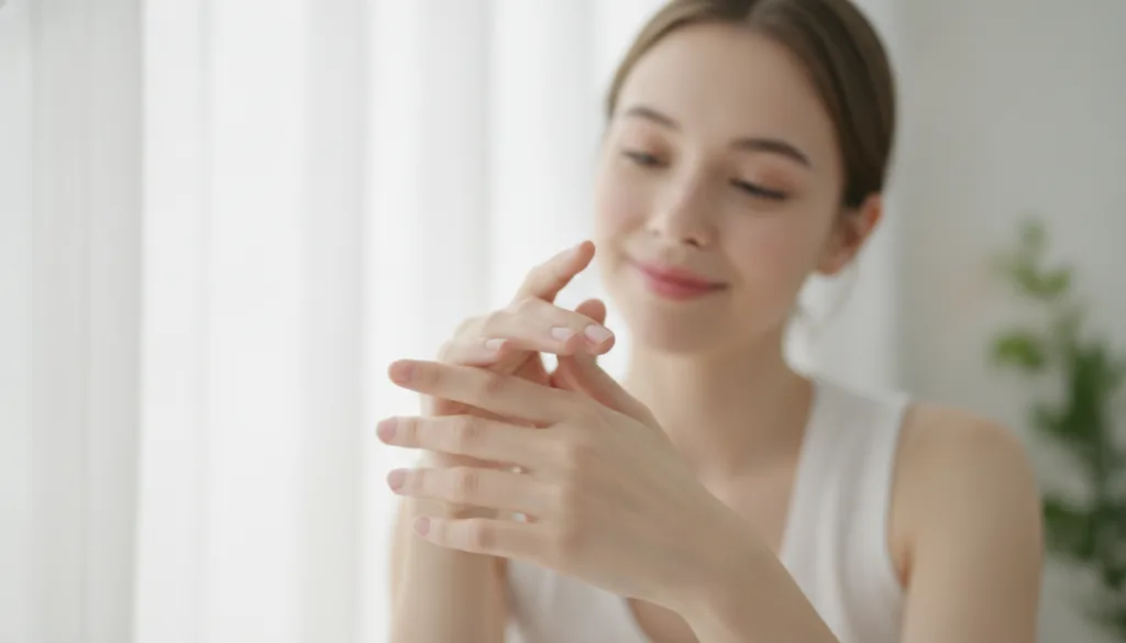 A woman s hand gently touching the back of her other hand where a small almost invisible wart used to be symbolizing smo