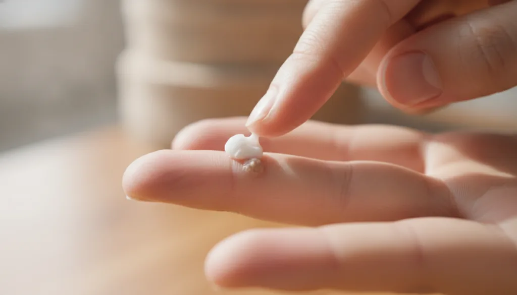 Close-up of a finger applying a small amount of white paste onto a small wart on another finger The background is softly