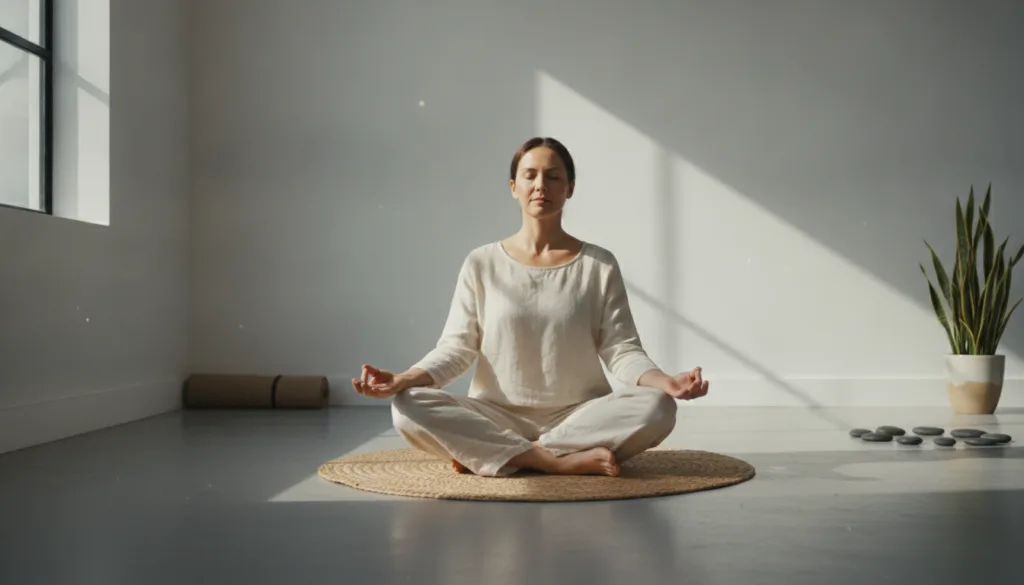 A person meditating in a peaceful setting possibly before or after a workout to illustrate stress reduction and focus