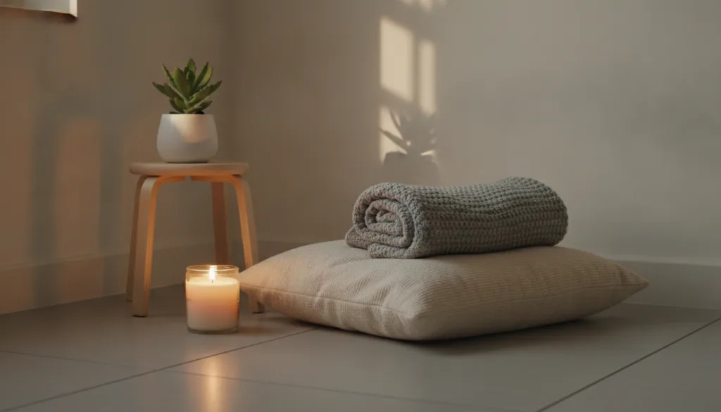 A serene personal space with a lit candle a small plant and comfortable elements inviting quiet reflection