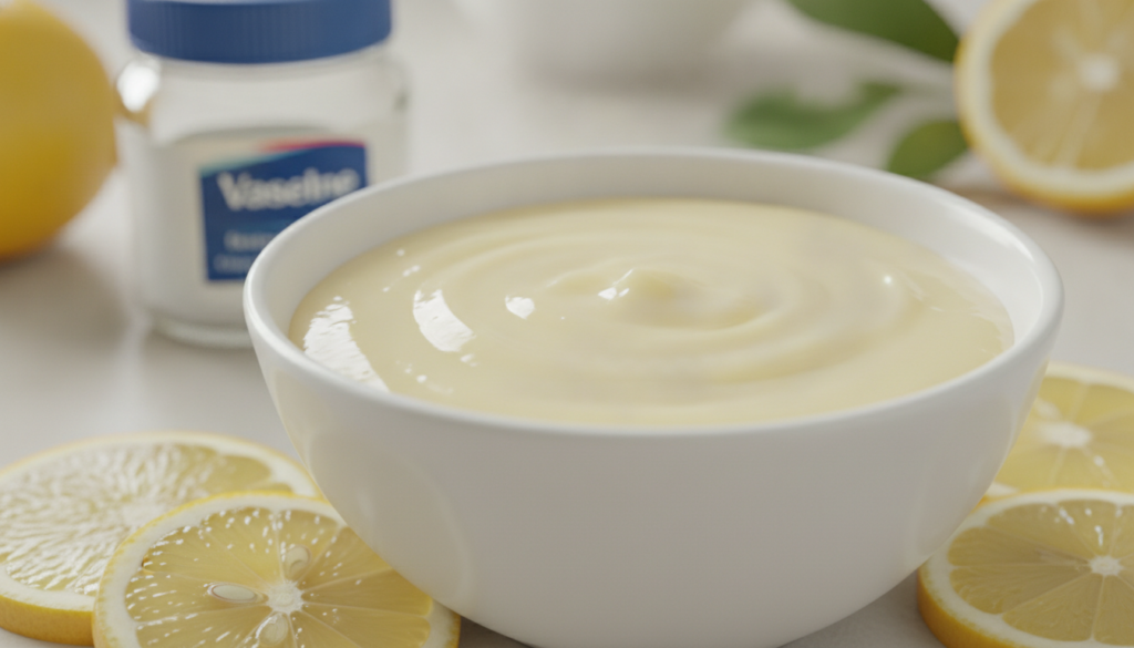 Close-up of fresh lemons a jar of Vaseline and a small bowl with a teaspoon of lemon juice and a teaspoon of Vaseline bl