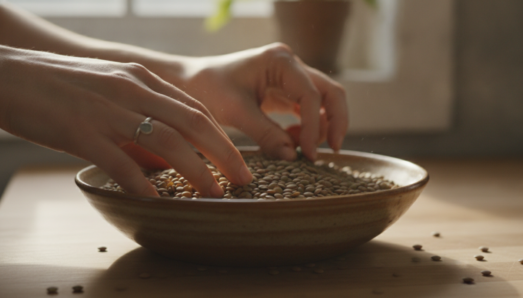 A pair of hands gently sifting through dry lentils in a bowl with natural light highlighting the texture of the lentils