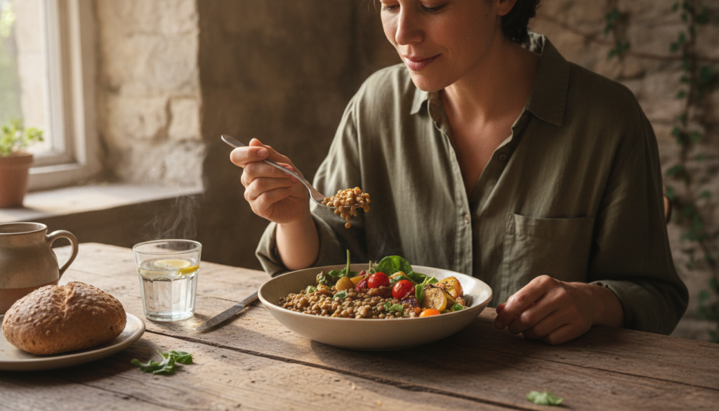 A person enjoying a simple healthy meal of lentils and vegetables with a peaceful expression in a cozy well-lit setting