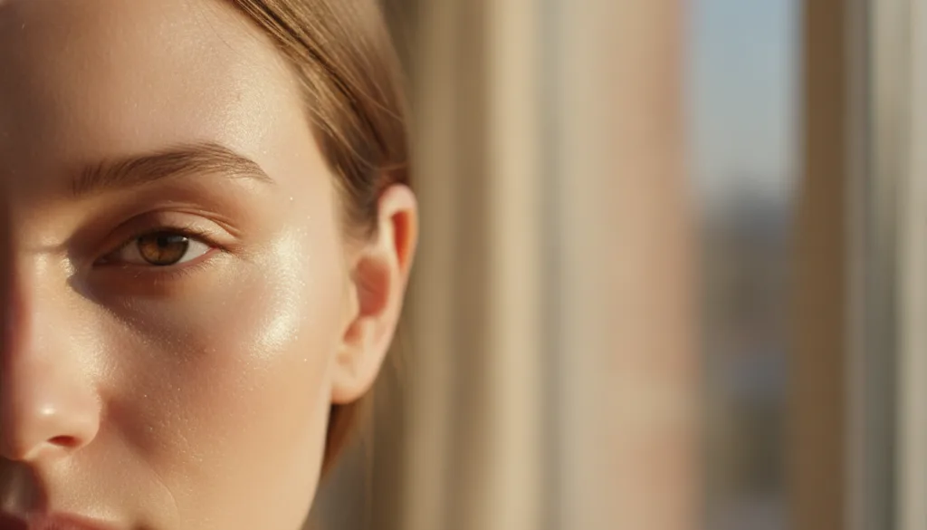A close-up of a woman s glowing hydrated skin after a skincare routine showing a dewy finish and smooth appearance Her s