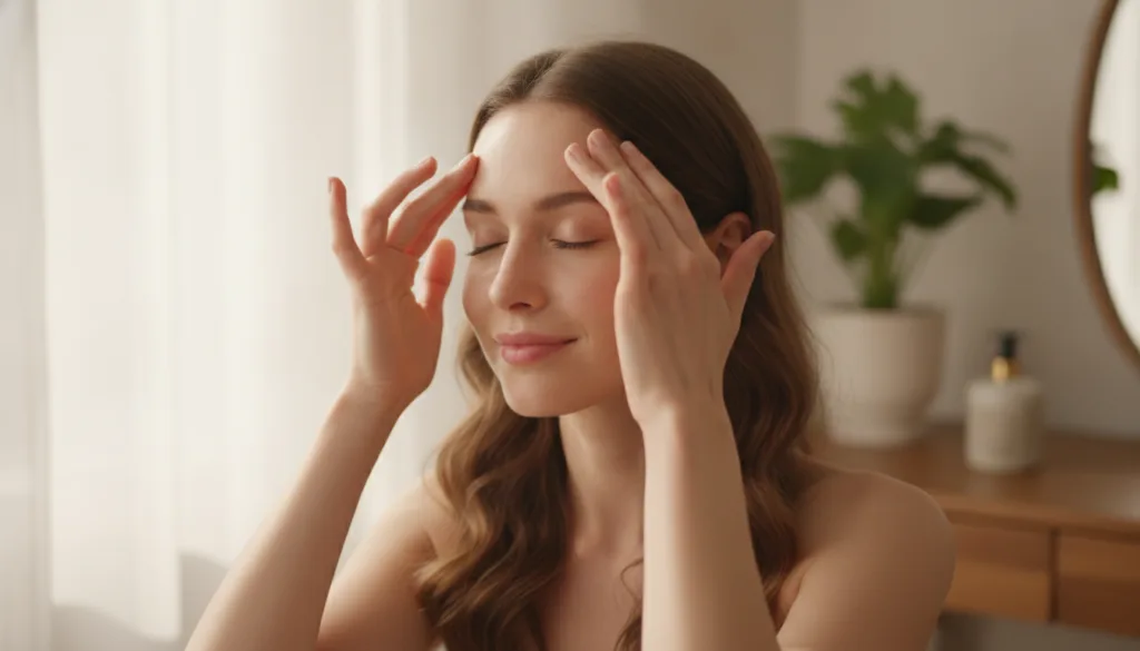 A woman gently massaging her face with her fingertips focusing on her forehead and eye area showing a natural dewy glow 