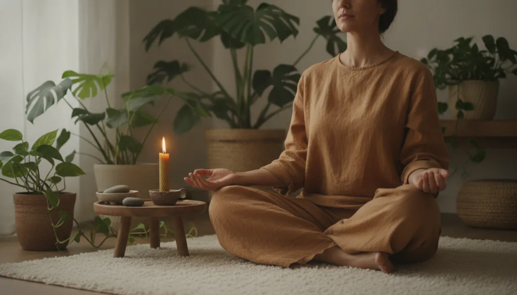 A person sitting comfortably in a serene softly lit room with a lit candle and perhaps some calming plants ready to begi