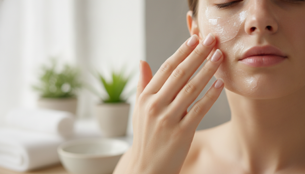 A person gently applying a homemade face mask to their cheek with a soft natural background Their skin looks healthy and