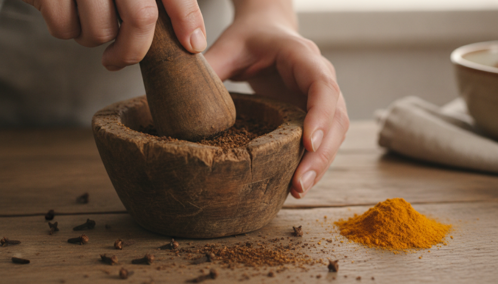 A pair of hands gently crushing whole cloves in a mortar and pestle with a small pile of turmeric powder next to it on a