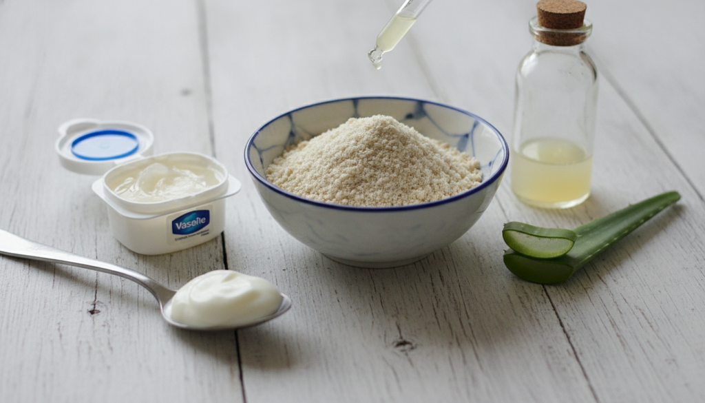 Close-up of the ingredients for the face mask a small bowl of finely ground oatmeal a small container of petroleum jelly