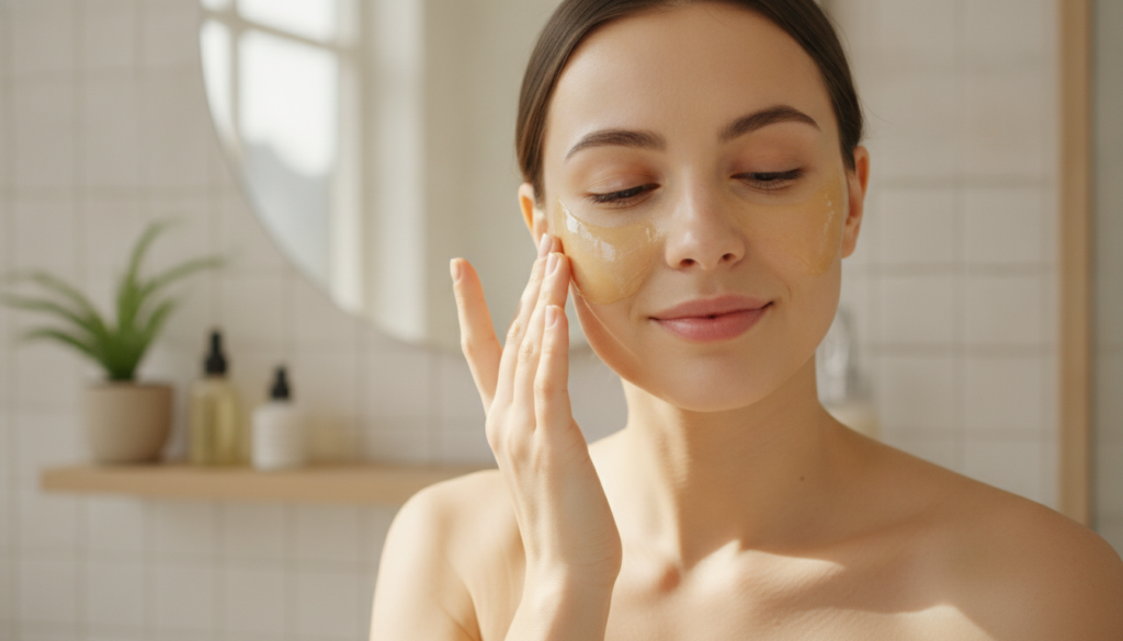 A woman gently applying a yellow face mask to her cheek illustrating the application process