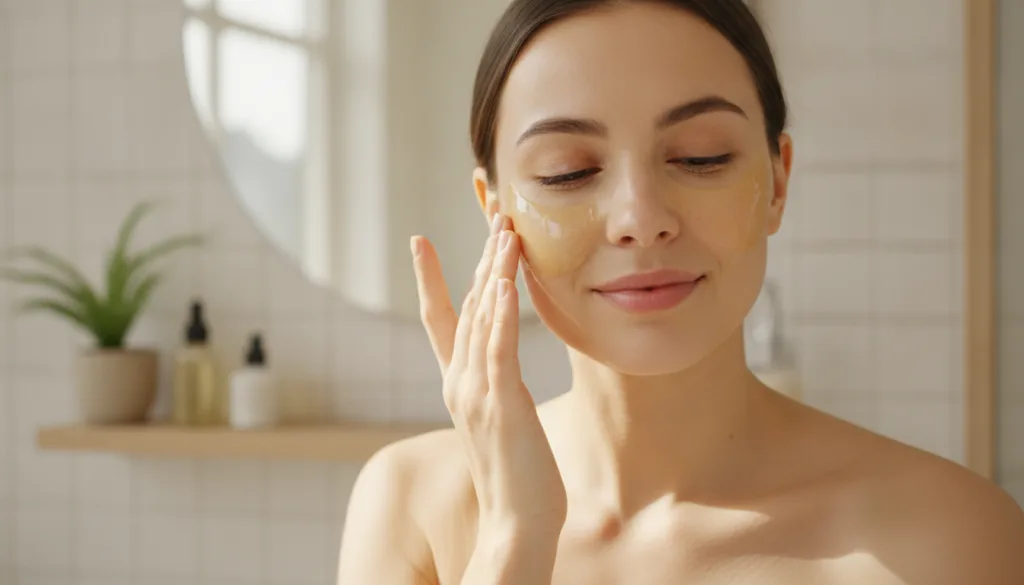 A woman gently applying a yellow face mask to her cheek illustrating the application process