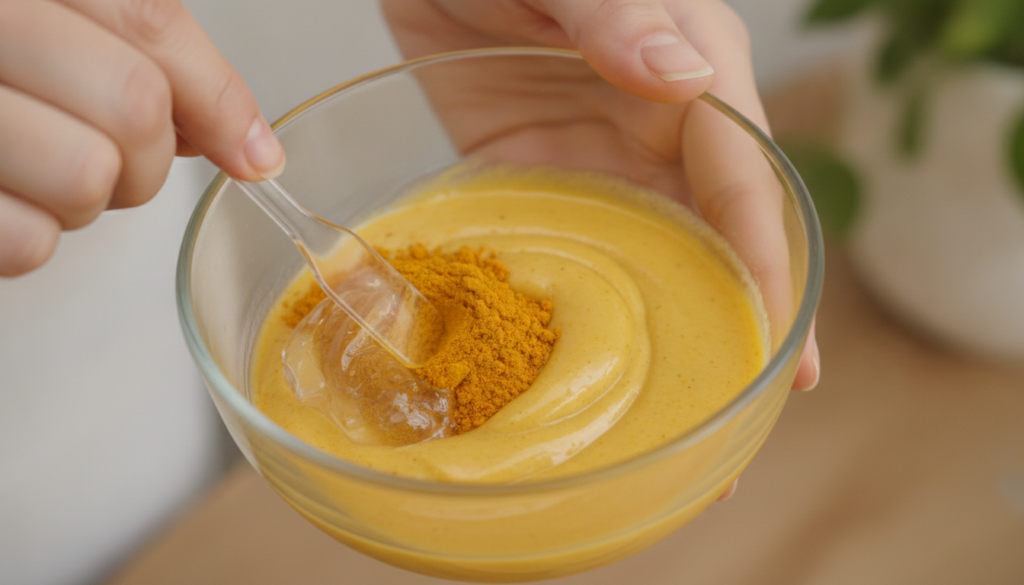 Close-up of a small bowl with Vaseline turmeric and lemon juice being mixed into a yellow paste