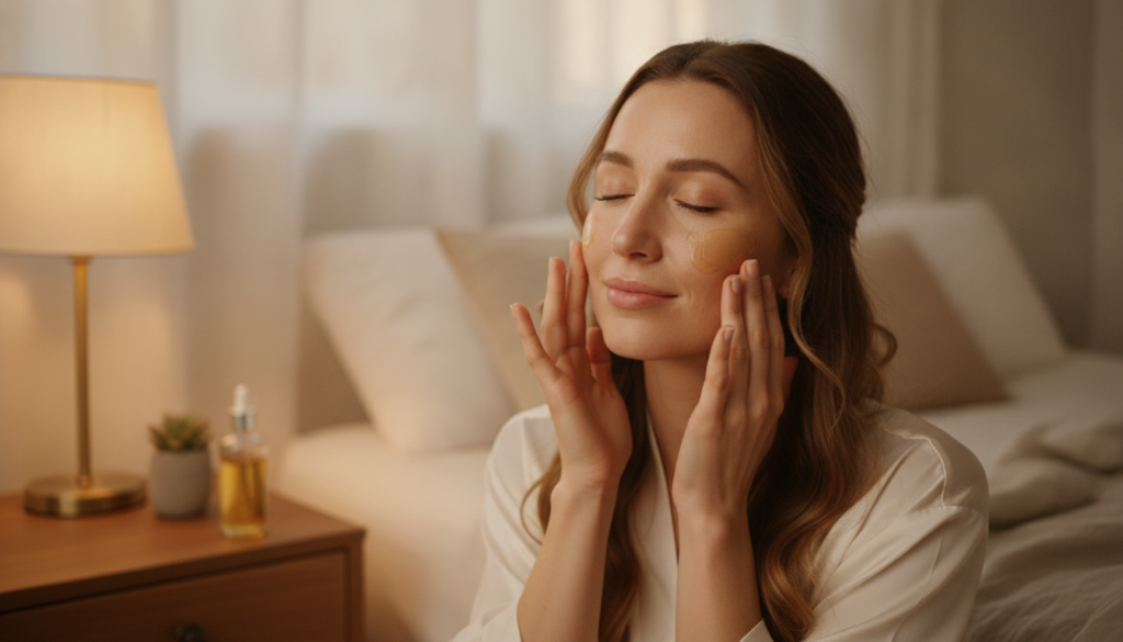 A woman gently massaging a homemade glow oil onto her clean face before bedtime with a soft warm glow from a bedside lam