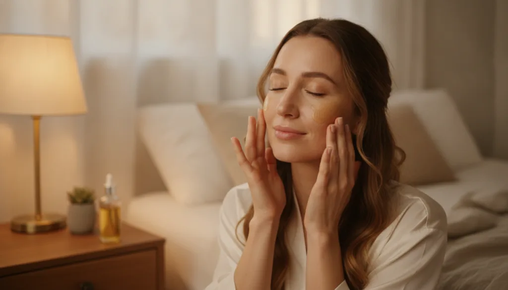 A woman gently massaging a homemade glow oil onto her clean face before bedtime with a soft warm glow from a bedside lam