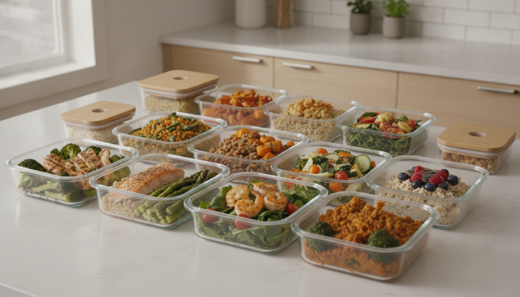 A vibrant well-organized meal prep spread in reusable containers showcasing a variety of healthy colorful dishes suggest