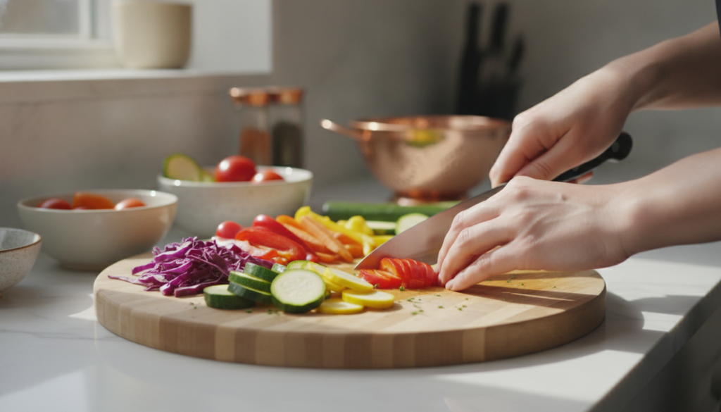 A person s hands chopping fresh vegetables on a clean wooden cutting board in a brightly lit organized kitchen with othe